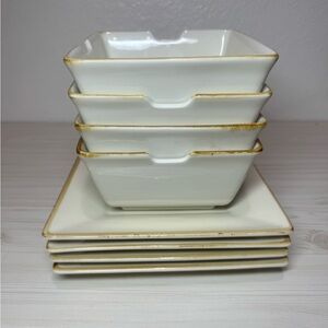 Pottery Barn SQUARE Putty (Cream) Pho Soup Noodle Bowls & Plate X4 Made In Japan